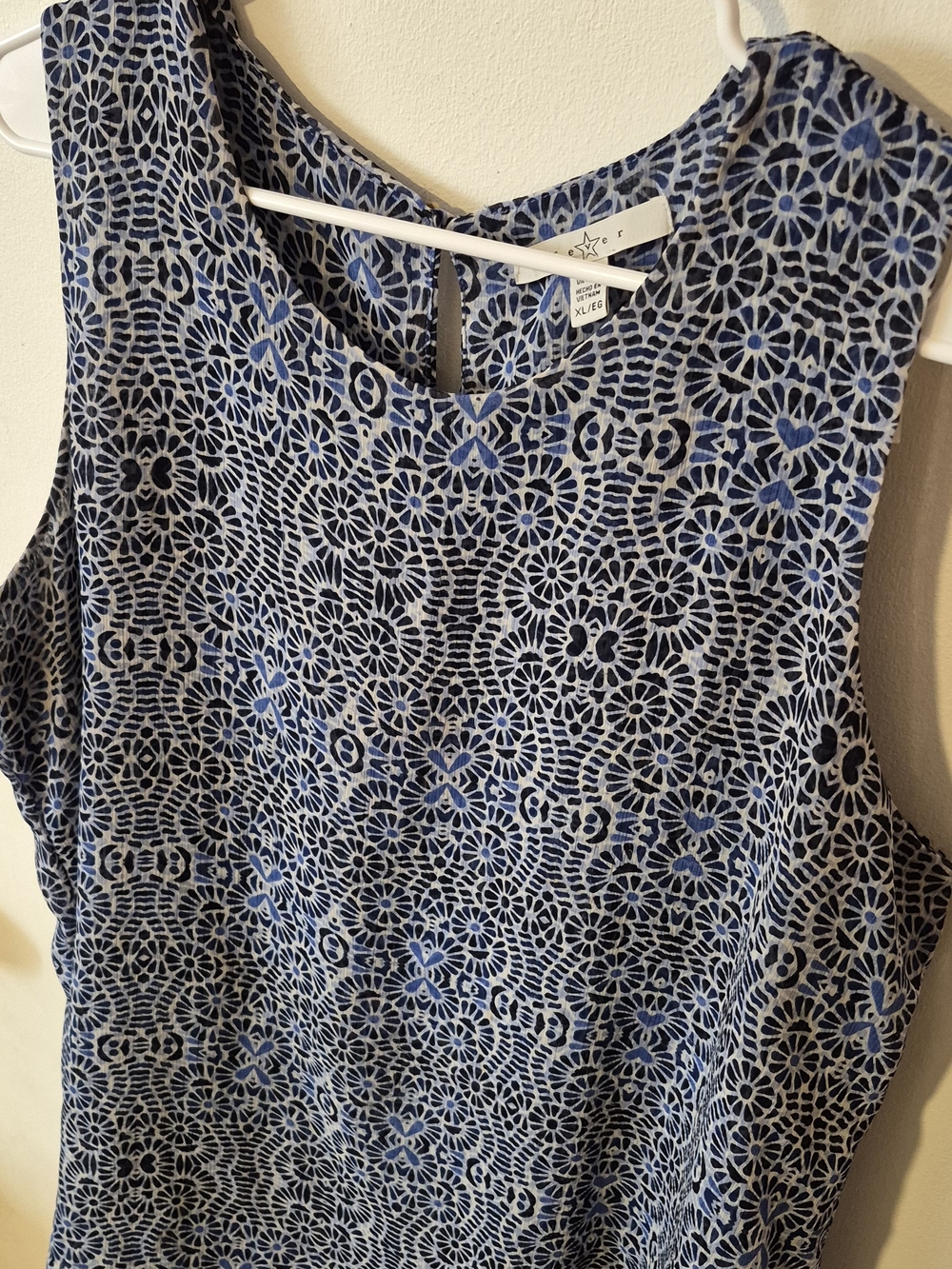 Fever Blue and White Geometric Lace-Effect Sleeveless Top